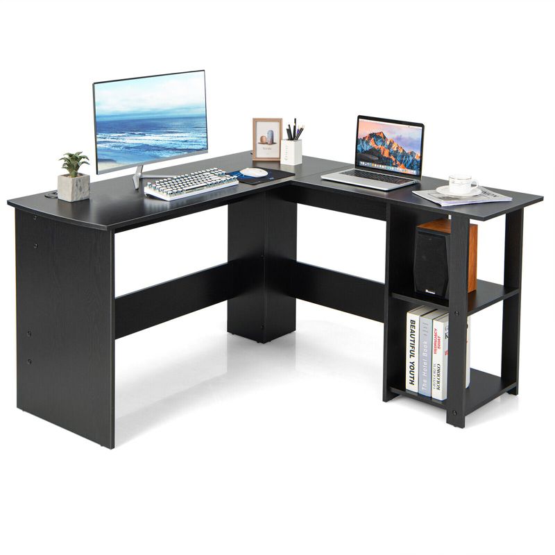 Tangkula L-Shaped Office Computer Desk w/ Spacious Desktop & 2-Tier Open Shelves Black, 1 of 11