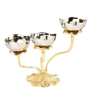Classic Touch 3 bowl Stainless Steel Relish Dish with Gold Lotus foot