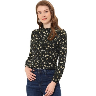 Allegra K Women's Floral Puff Long Sleeve Ruffle Collar Pearl Decor Blouse