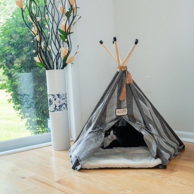 Gray Striped Teepee Style Small Cat Bed with Fiberfill