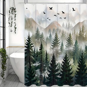 Paaaawaters Green Misty Forest Shower Curtain Set Ombre Sage Green White Waterproof Fabric Shower Curtains - 1 of 4