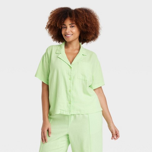 Women's Linen Short Sleeve Button-down Camp Shirt - A New Day™ Green 1x :  Target