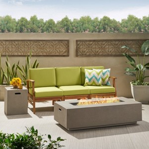 GDFStudio Abena Outdoor Acacia Wood 3 Seater Sofa with 50,000 BTU Fire Pit - 1 of 4