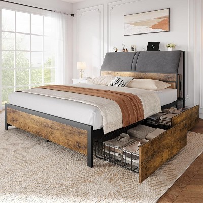Full Bed Frame with Charging Station and Storage Headboard,Platform Bed with Ergonomic Upholstered Backrest,Sturdy and No Noise,No Box Spring Needed