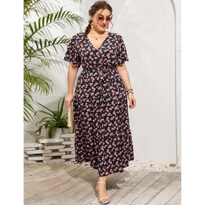Plus Size Women's Flowy Tiered Maxi Dress - V-Neck, Short Sleeve & Waist Tie with Floral Print - 1 of 4