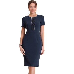 Allegra K Women's Work Business Round Neck Tweed Trim Short Sleeve Sheath Dress - 1 of 4