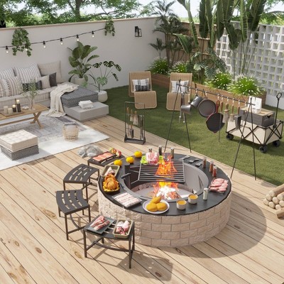 FUFU&GAGA Metal Fire Pit Stools,Curved Stackable Heavy-Duty Outdoor Stools,Anti-Rust for Patio,Garden,Backyard,Plant Stand,Black-set of 4