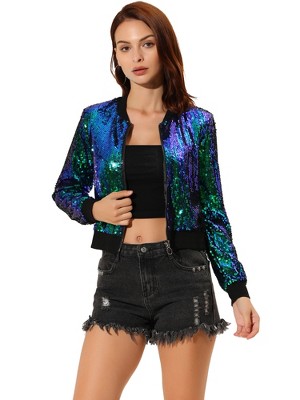 INSPIRE CHIC Women's Sequin Long Sleeve Glitter Shiny Party Bomber Jacket