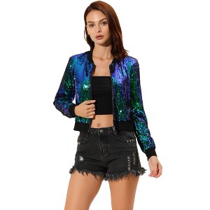 INSPIRE CHIC Women's Sequin Long Sleeve Glitter Shiny Party Bomber Jacket - 1 of 4