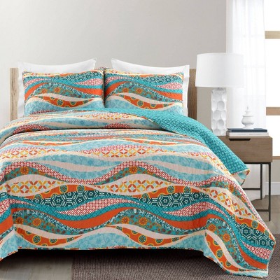 Hailey Turquoise and Orange Reversible Cotton King Quilt Set