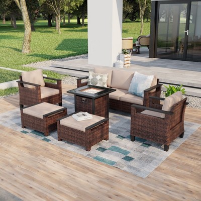Sonkuki 6 Pieces Patio Sofa with Square Fire Pit Table and Ottomans, Patio Conversation Couch with Cushion