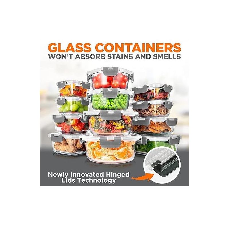 SereneLife 24-Piece Food Glass Storage Containers - Superior Glass Food Storage Set, Gray, 3 of 8