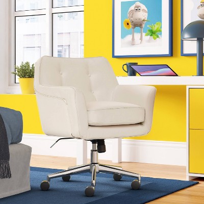 Cream Leather Swivel Home Office Chair with Metal Base
