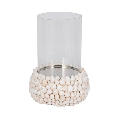Coastal Shell & Glass Pillar Candle Holder - Handmade Nautical Decorative Centerpiece for Home, Office, Bedroom, or Living Room - 12" White