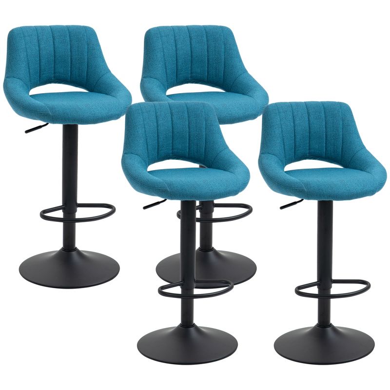 HOMCOM Modern Bar Stools Set of 4 Swivel Bar Height Barstools Chairs with Adjustable Height, Round Heavy Metal Base, and Footrest, Blue, 1 of 7