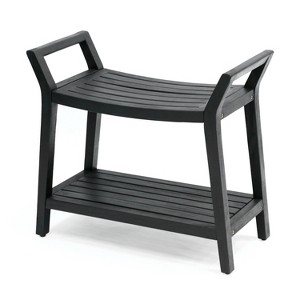 JONATHAN Y Orla 25.6" Modern Classic Slatted Solid Acacia Wood Indoor/Outdoor Shower Bench with Shelf and Handle - 1 of 4