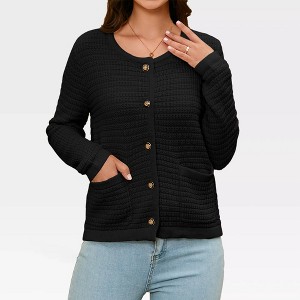 Women's Chunky Button Down Cardigan Sweater with Open Front, Crew Neck, and Long Sleeve Knit Outwear with Pockets,Black - L - 1 of 4