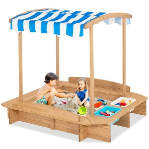 Costway Kids Large Wooden Sandbox w/ 2 Bench Seats Outdoor Play for Children - 1 of 4