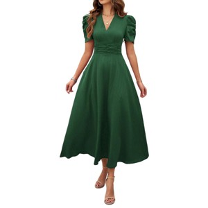 Womens High Waisted V Neck Summer Dress Puff Short Sleeve Casual A Line Flowy Maxi Dress - 1 of 4