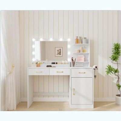 Vanity Desk with Mirror and Lights, Makeup Vanity with 3 Drawers and Storage Shelves Dressing Table