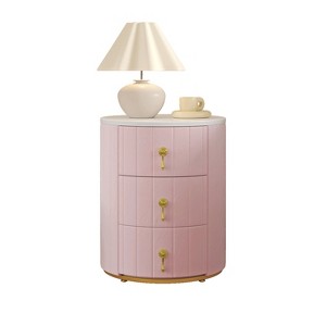 Gulches 2 Set Upholstered Nightstand with 3 Drawers, Round Bedside Table, Marbling Top & Metal Handles - 1 of 4