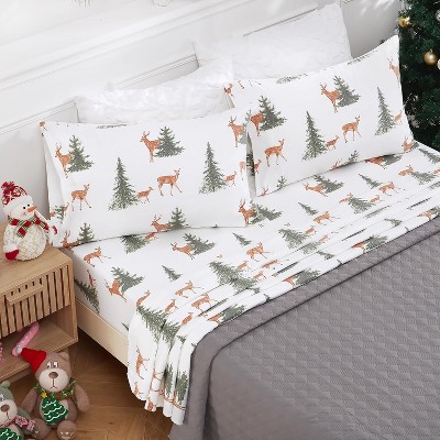 Nasitip Cotton Flannel Christmas Bed Sheets, 100% Cotton Printed Sheet Set, 16 Inches Deep Pocket Winter Warm Sheets 4 Piece, Forest