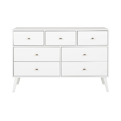 White Mid-Century Modern Double Dresser with Brass Knobs