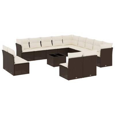 vidaXL Patio Sofa Set with Cushions Outdoor Furniture 14 Piece Poly Rattan - Brown and Cream With Table
