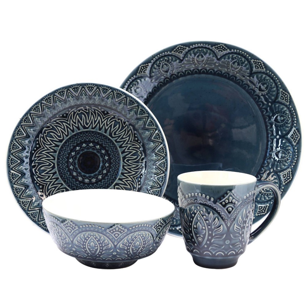 Photos - Other kitchen utensils 16pc Stoneware Mandala Embossed Dinnerware Set Blue - Elama