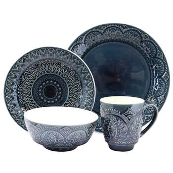 16pc Stoneware Mandala Embossed Dinnerware Set Blue - Elama