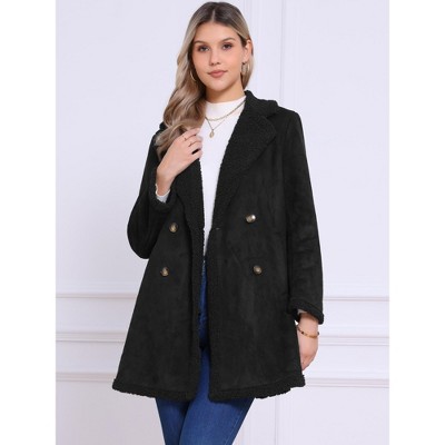 INSPIRE CHIC Women's Faux Shearling Double Breast Lapel Fleece Long Casual Faux Fur Jackets with Pockets Small Black — фото 2