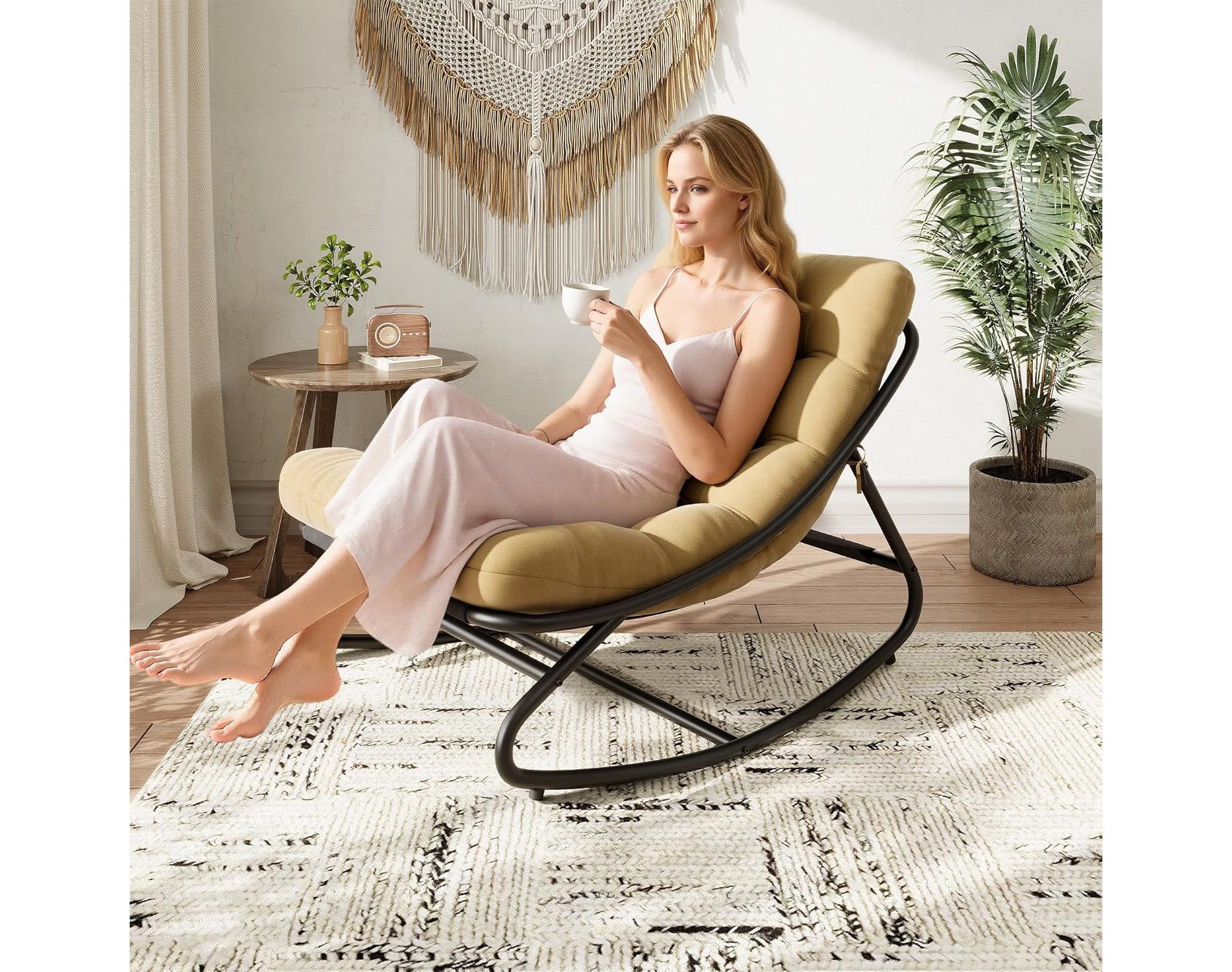 TackView Papasan Rocking Chair with Cushion, Oversized Outdoor Rocking Chair,Brwon