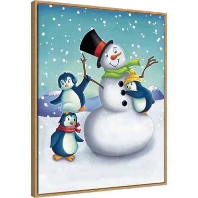 Joyful Snowman and Penguins Framed Canvas Wall Art