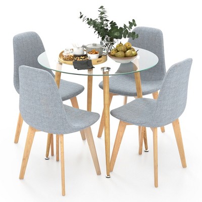 Tangkula 5 PCS Dining Set Round Tempered Glass Table 4 Fabric Chairs Solid Wood Kitchen
