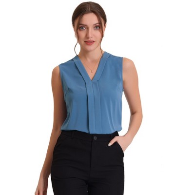 INSPIRE CHIC Women's Pleated V Neck Solid Work Sleeveless Blouse