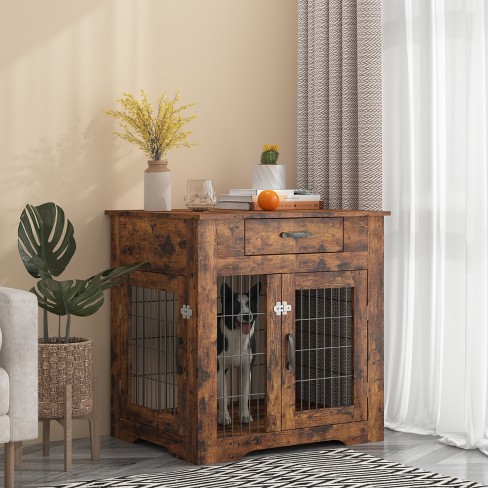 Tangkula Wooden Dog Crate Furniture With Pad Bed Double Doors Dog Kennel  End Table : Target