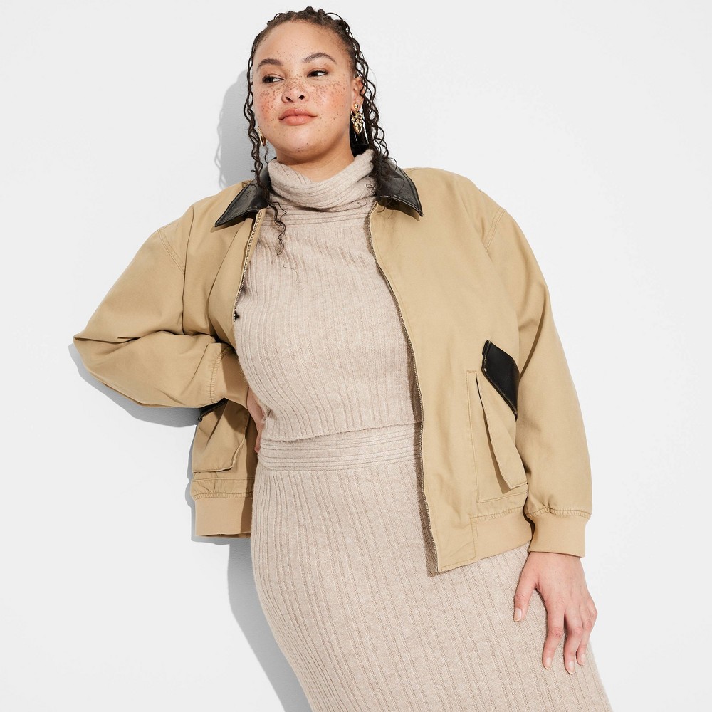 Women's Canvas & Faux Leather Bomber Jacket - Wild Fable™ Tan 2X: Midweight, Rib Cuffs, Front Pockets