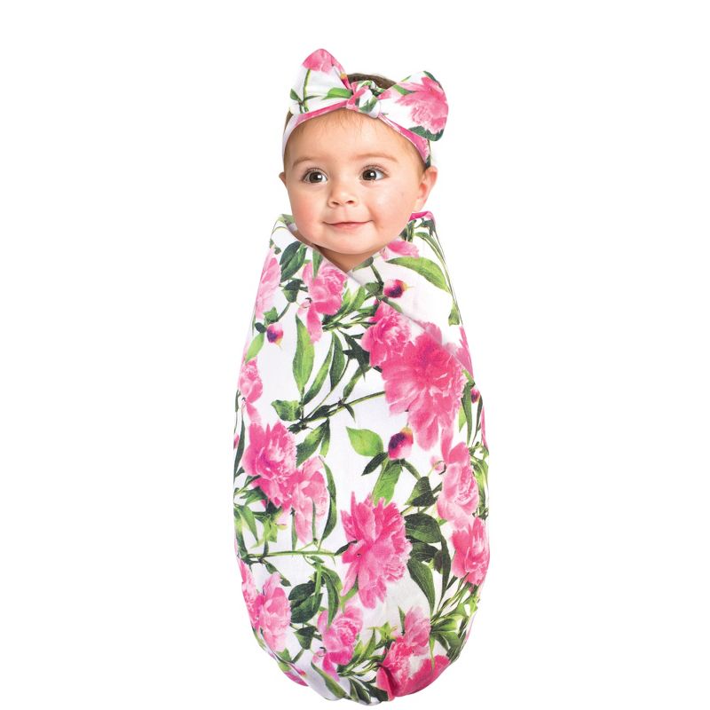 Touched by Nature Baby Girl Organic Cotton Swaddle Blanket and Headband or Cap, Peonies, One Size, 4 of 5