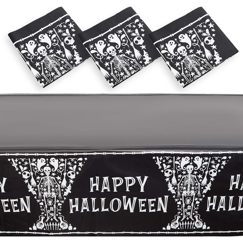 Spooky Central 3 Pack Skeleton Plastic Tablecloth, Black Halloween Table Cover (54 x 108 in), 1 of 6