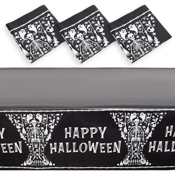 Spooky Central 3 Pack Skeleton Plastic Tablecloth, Black Halloween Table Cover (54 x 108 in)