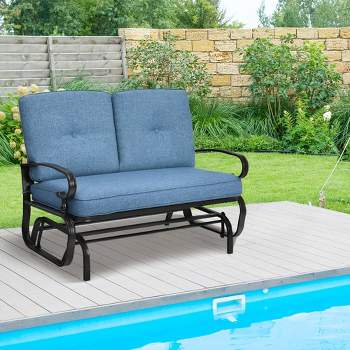 Costway 2-Person Outdoor Swing Glider Chair Bench Loveseat Cushioned Sofa Blue\Beige