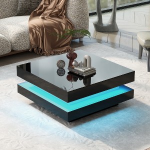 Lyngins Geometric Coffee Table with LED Strip Lights – UV High-Gloss Finish, Double-Layer Storage, 2-Tier Square Center Table for Living Room - 1 of 4