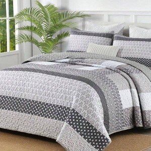 Grey Quilt Queen Size, Bohemian Stripe Quilt Set 3 Pieces, Lightweight Microfiber Coverlet All Season 96x90 - 1 of 4