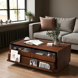 Mshliw 47.2" Rectangle Coffee Table with 4 Drawers and 2 Open Shelves, Dining Table, Sofa Table, Glass Front Accent Table for Living Room Storage - 1 of 4