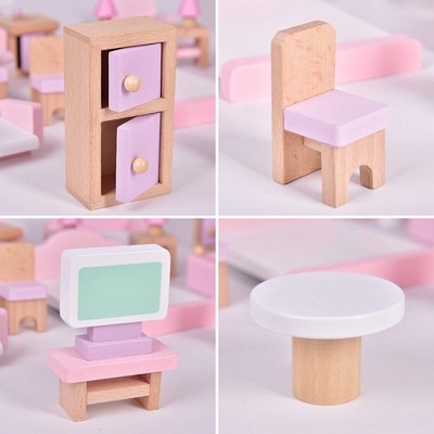 Pink Wooden 22-Piece Dollhouse Furniture Set