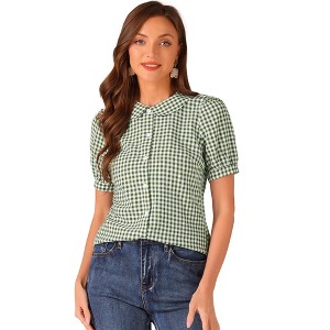 Allegra K Women's Plaid Gingham Puff Short Sleeve Peter Pan Collar Button Down Shirt - 1 of 4