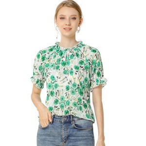 INSPIRE CHIC Women's Ruffled Short Sleeve Floral Mock Neck Summer Top - 1 of 4
