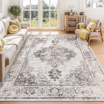 Washable Neutral Rugs - Soft Vintage Low Pile, Boho Farmhouse Carpet for Living Room, Bedroom & Dining Room - Non-Slip Indoor