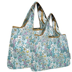 Wrapables Large & Small Foldable Nylon Reusable Shopping Bags (Set of 2), Flower Garden - 1 of 4