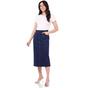 Rekucci Women’s Secret Figure Pull-On Stretch Denim Midi Skirt – Mid-Rise Slim Fit Jean Skirt with 5 Pockets, Back Slit & Sculpting Comfort - 1 of 2